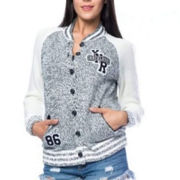 Young & Reckless Black Off-White Varsity Knit Cardigan Sweater M - Picture 1 of 7